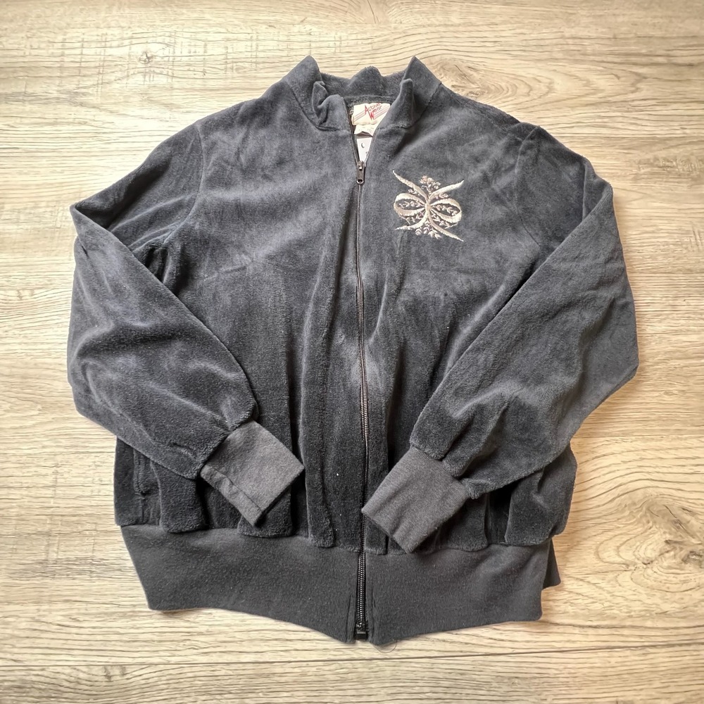 Active Wear Velour Jacket Women XXL Gray Vintage‎ 70s Embroidered Zip Up Bomber